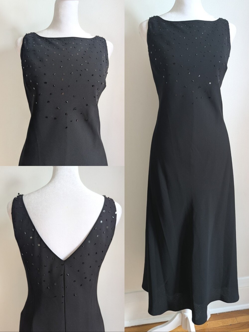 Jones New York Classy Black Boat Neck Sequined Midi Dress Minimalist Evening